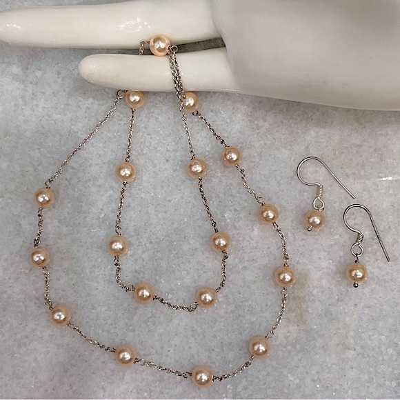 SWAROVSKI Crystal Peach Pearl Sterling Silver Necklace and Dangle … - Picture 2 of 12